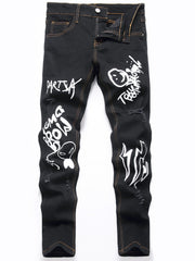 Boys Graffiti Letter Print Jeans Skinny Slim Fit Washed Denim Long Pants