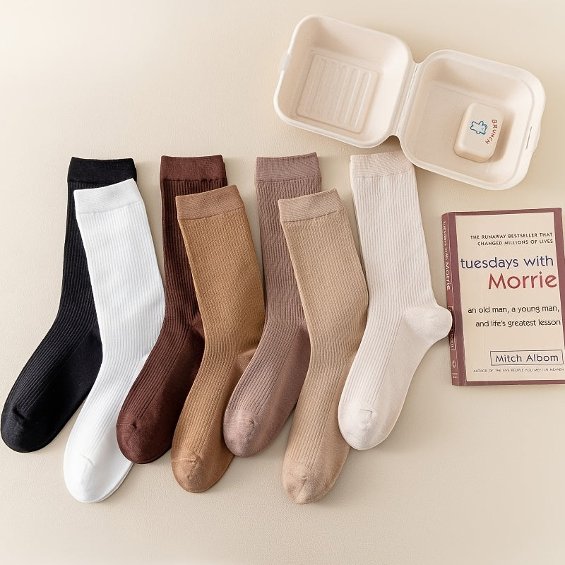 7 Pairs Women's Comfy Mid Tube Socks Solid Color Pack