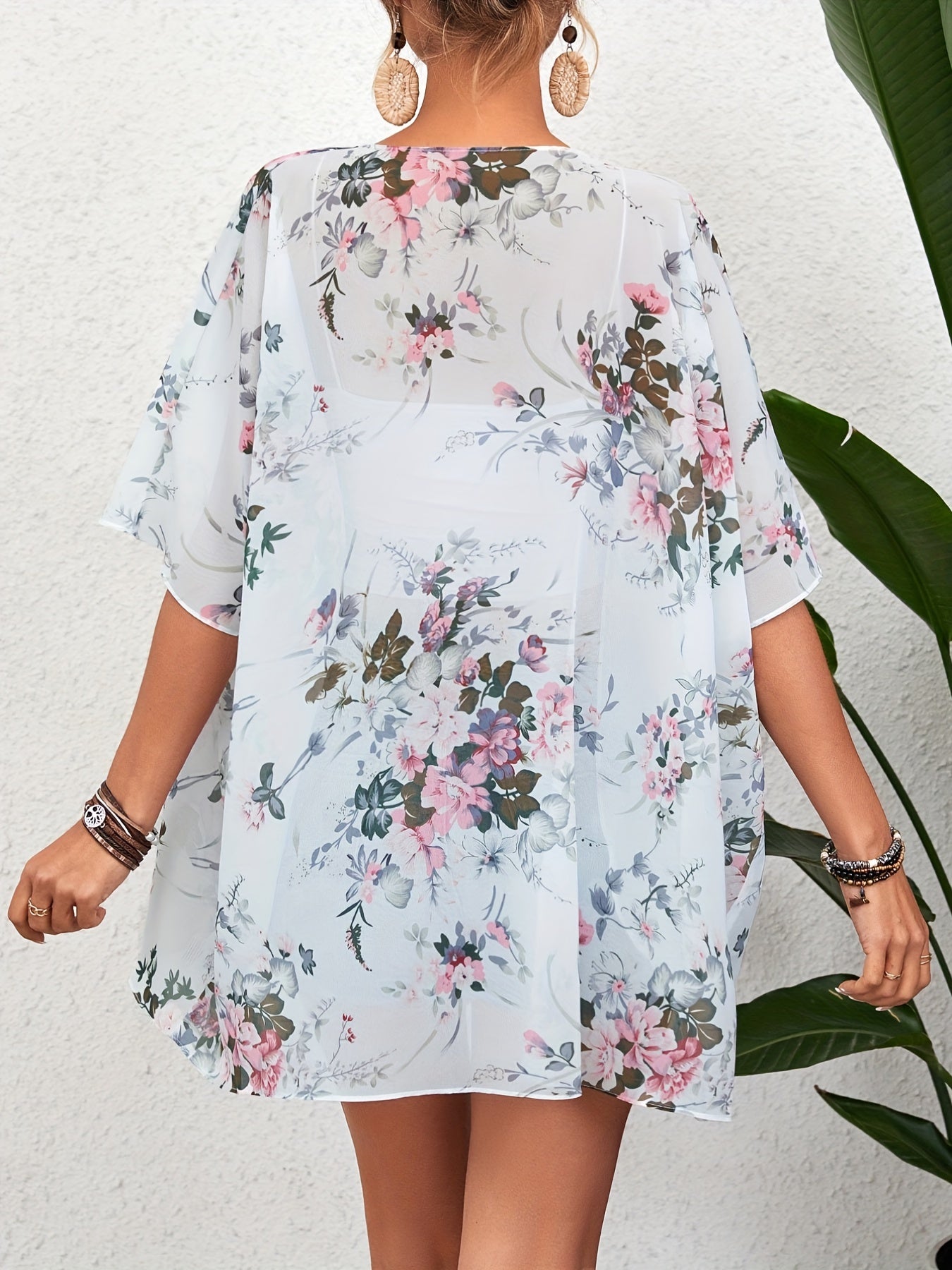 Floral Print Chiffon Kimono Sheer Cover Up Cardigan
