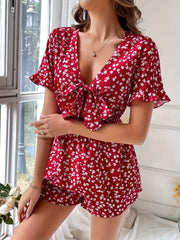 Floral Print Bow Front Romper Short Sleeve Jumpsuit