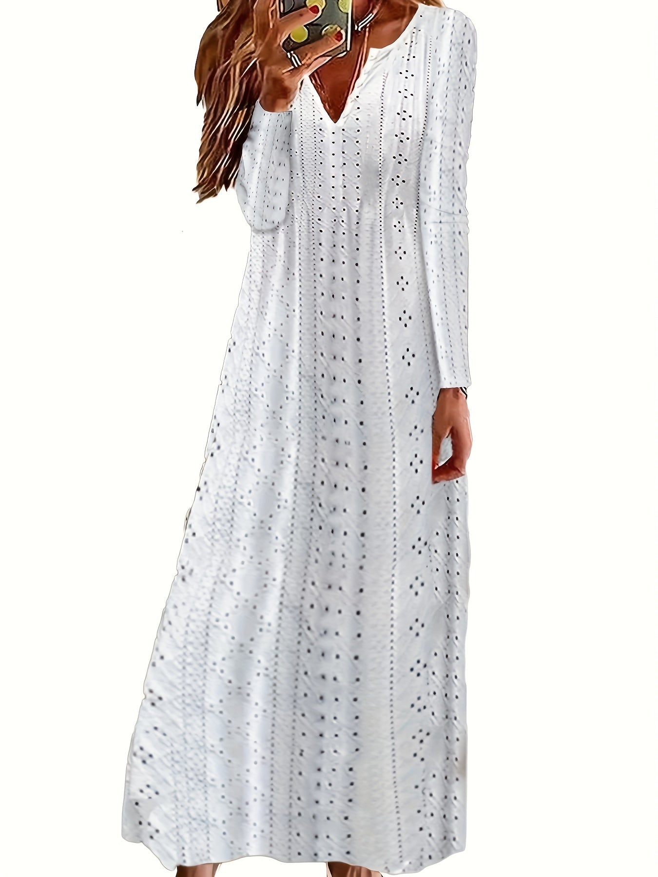 Embroidered Long Sleeve Notched Neck Dress