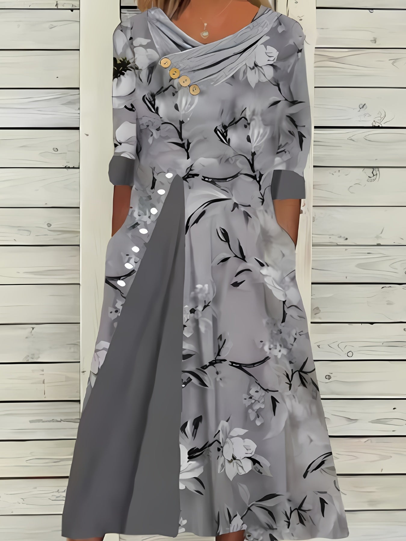 Colorblock Floral Print Half Sleeve Dress with Pockets