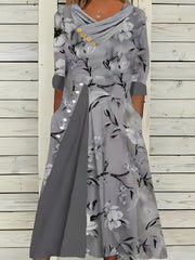 Colorblock Floral Print Half Sleeve Dress with Pockets