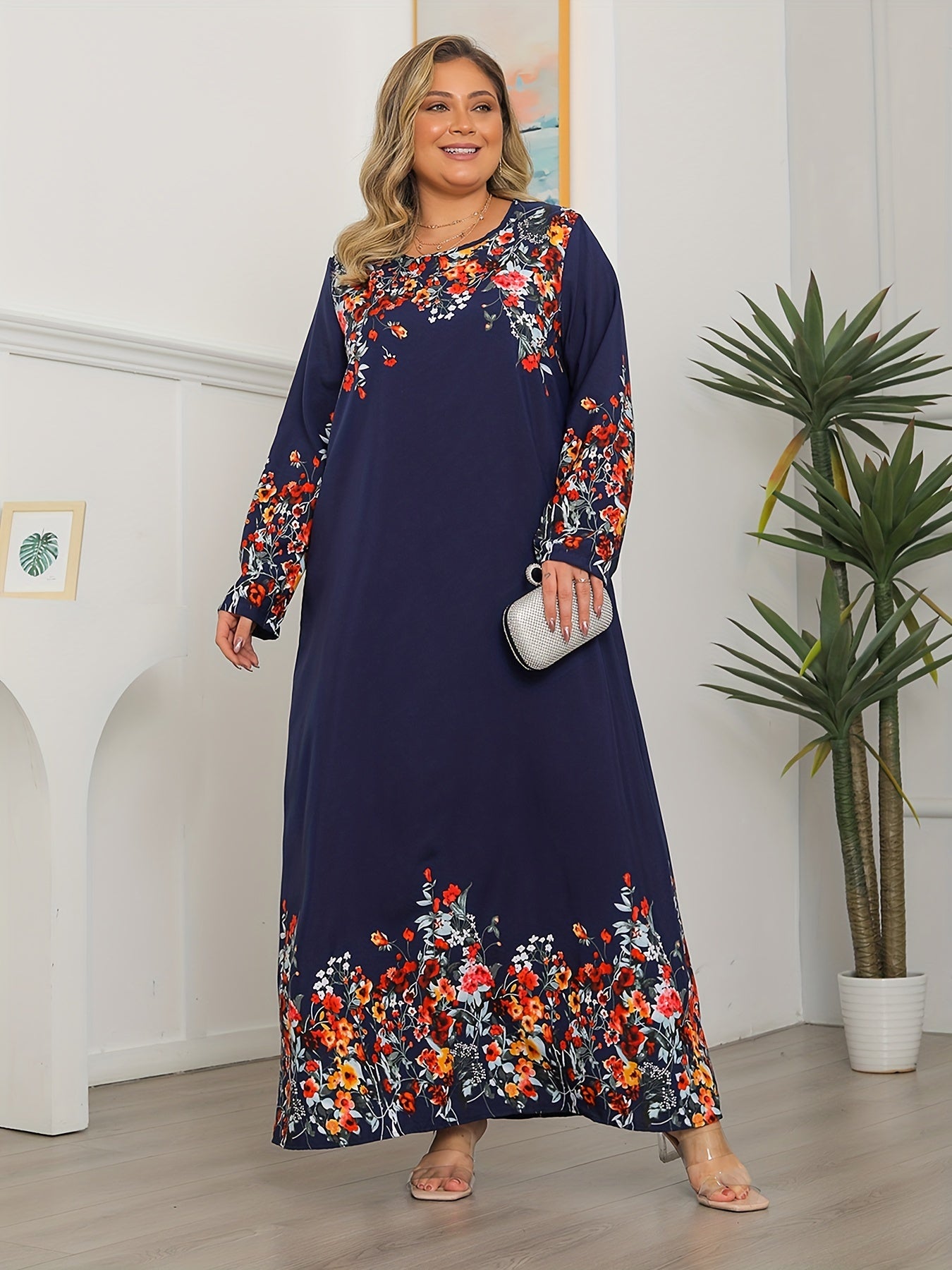 Romantic Abaya Dress Women's Plus Floral Print Long Sleeve