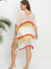 Striped Batwing Sleeve V Neck Beach Cover Up