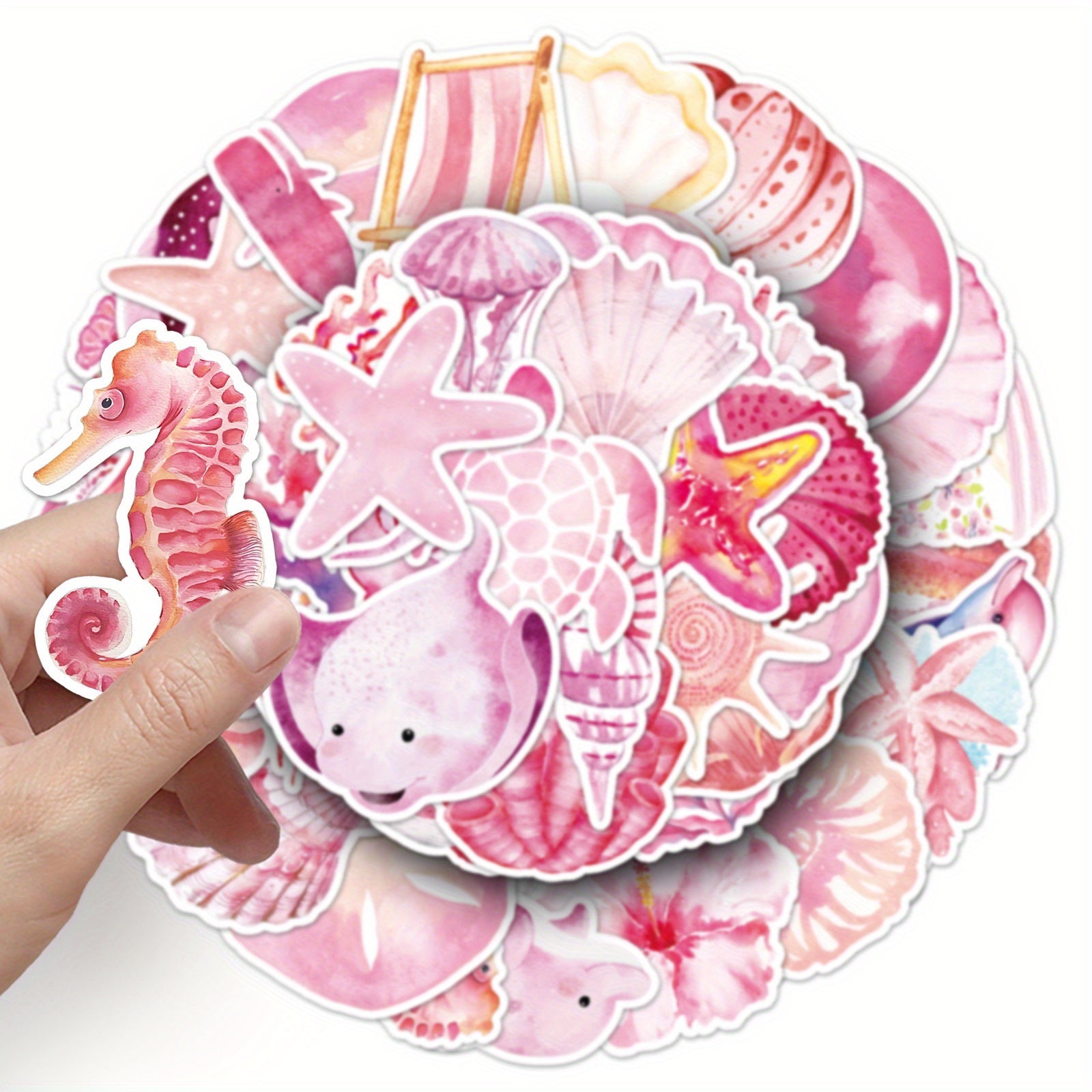 Set of 50 Pink Ocean Themed Cartoon Stickers for Decorating, Self Adhesive