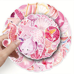 Set of 50 Pink Ocean Themed Cartoon Stickers for Decorating, Self Adhesive