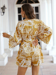 Leaves Print Surplice Neck Romper