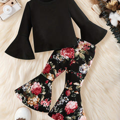2pcs Baby Girls Floral Print Top & Trousers Set for Autumn Winter