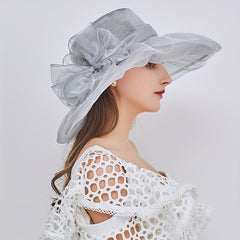 Organza Sun Hat Wide Brim Lace Derby Hat With Detachable Flower