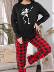 Gothic Pajama Set Women's Skeleton Print Long Sleeve Tee & Plaid Pants