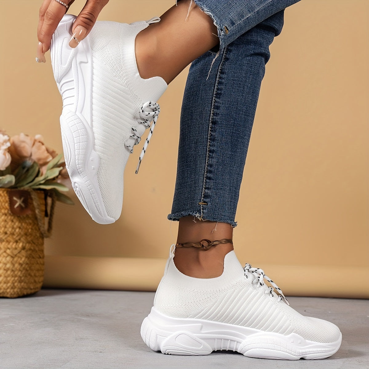 Women's Knit Platform Sneakers Lace Up Outdoor Shoes