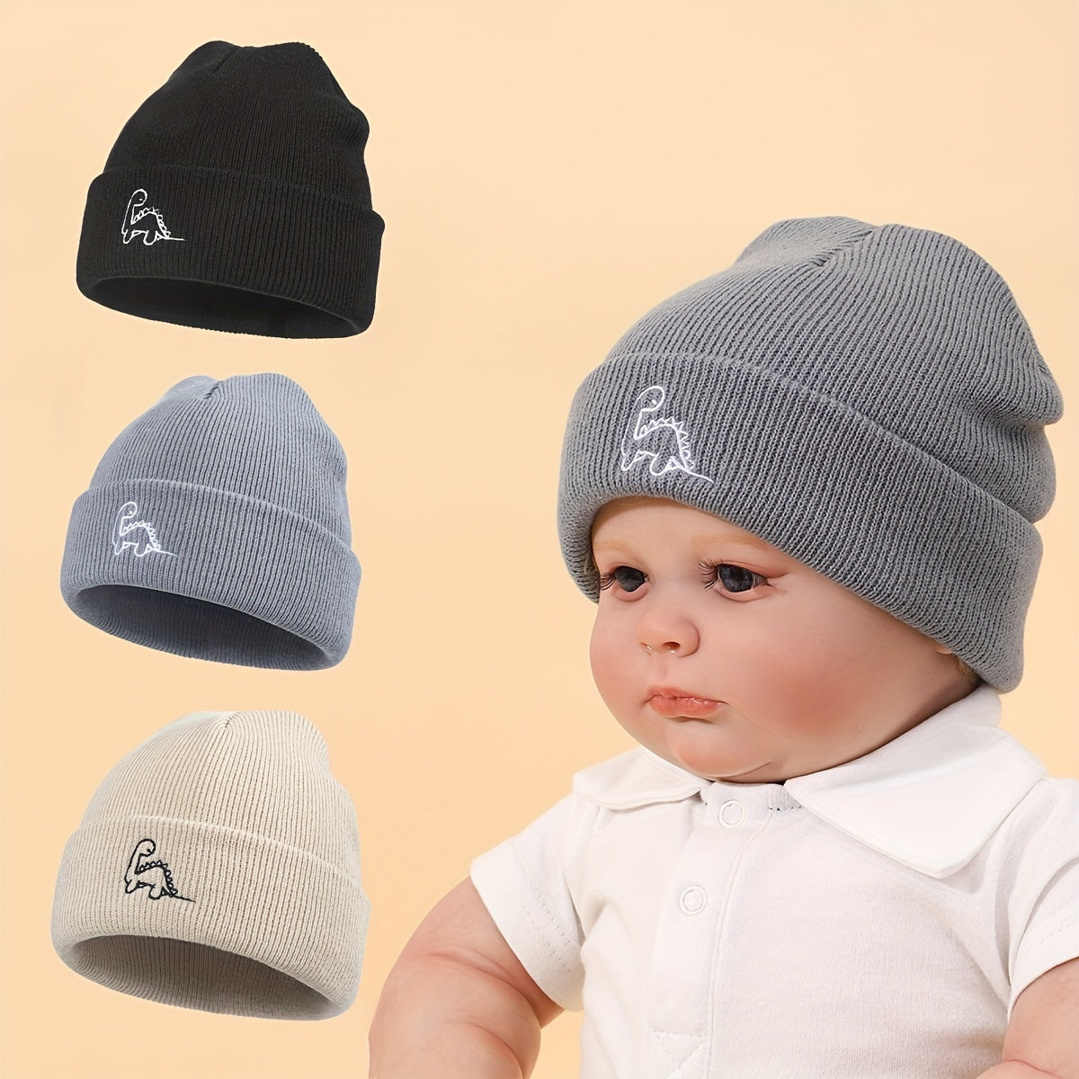 3pcs Baby Beanie Set Winter Warm Knitted Hat Dinosaur Embroidery