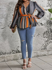 Colorblock Lantern Sleeve Wrap Top With Belt