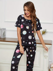 Planet Print Pajama Set Short Sleeve Top & Long Pants Women's Loungewear