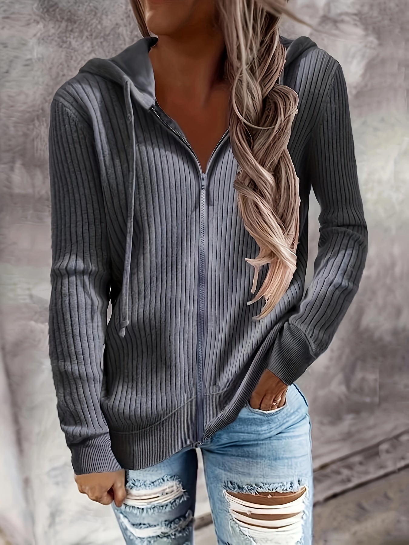 Casual Knit Top Women's Plus Solid Ribbed Zip Up Long Sleeve