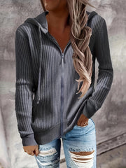 Casual Knit Top Women's Plus Solid Ribbed Zip Up Long Sleeve