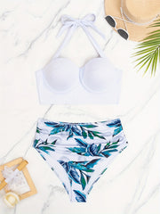 Bikini Set Solid Molded Cup Halter Bra & Ruched Panty Swimsuit