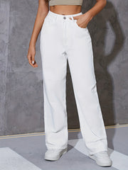 High Waist Denim Pants Straight Legs Loose Fit Casual Street Style