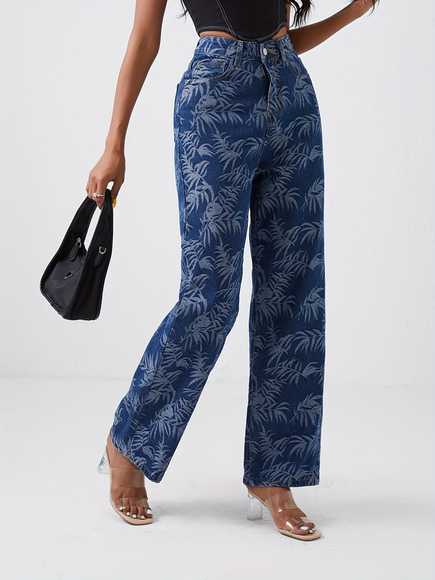 Leaf Print Straight Jeans High Waist Denim Pants