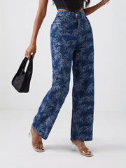 Leaf Print Straight Jeans High Waist Denim Pants