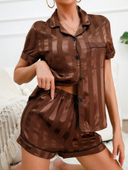 Stripe Print Pajama Set Short Sleeve Button Up Top & Elastic Waistband Shorts