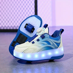 Girl's LED Roller Shoes w/ Rotating Buckle Detachable Wheels Skate Sneakers