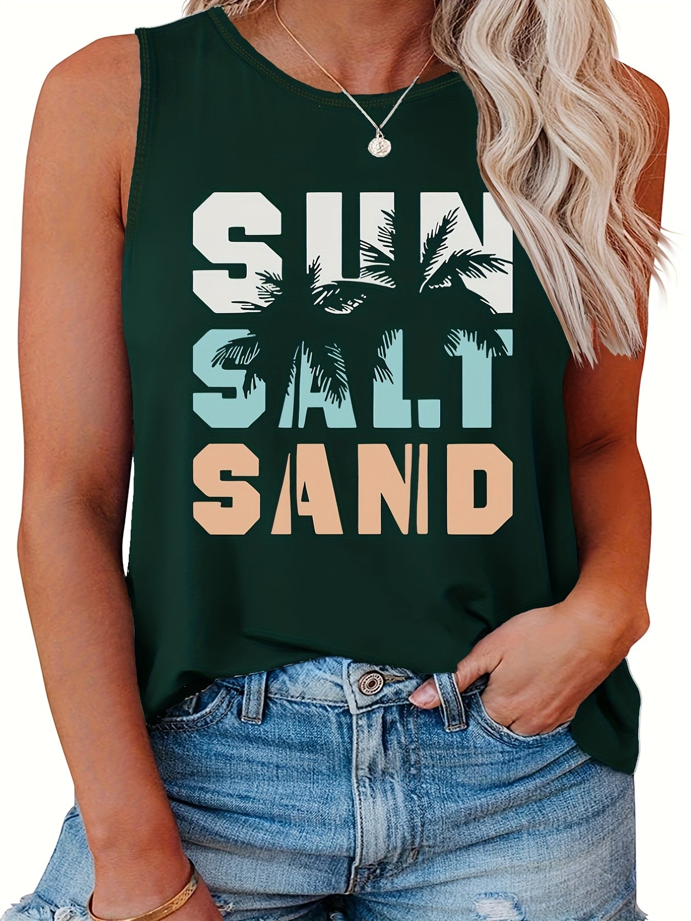 Casual Tank Top Women's Plus Art Letter & Coconut Tree Print Round Neck Tank Top