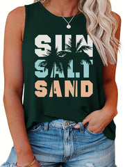 Casual Tank Top Women's Plus Art Letter & Coconut Tree Print Round Neck Tank Top