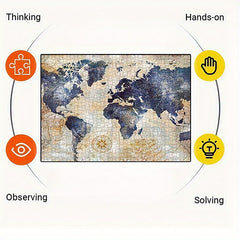 Vintage World Map Puzzle with Compass High Cardboard Portable