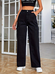 High Rise Denim Cargo Pants Solid Wide Leg Casual Cargo Jeans