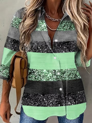 Casual Blouse 3D Bling Stripe Print Roll Up Sleeve Button Up Shirt