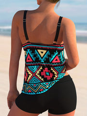 Geo Print Round Neck Cami Top & Shorts Swimsuit Set