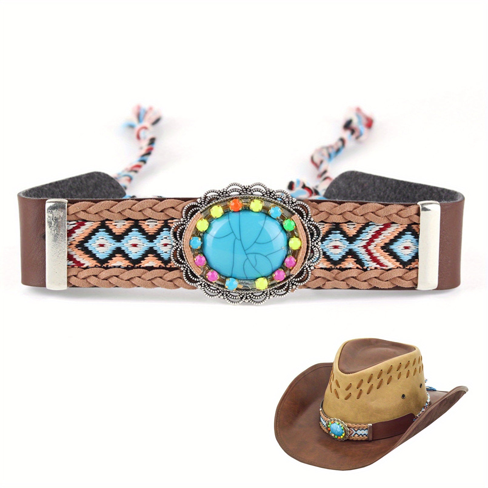 Turquoise Inlaid Hat Band With Bohemian Braided Rope