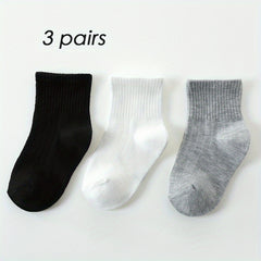 3 Pairs Boys Kids Striped Solid Socks For School Students Breathable Comfy
