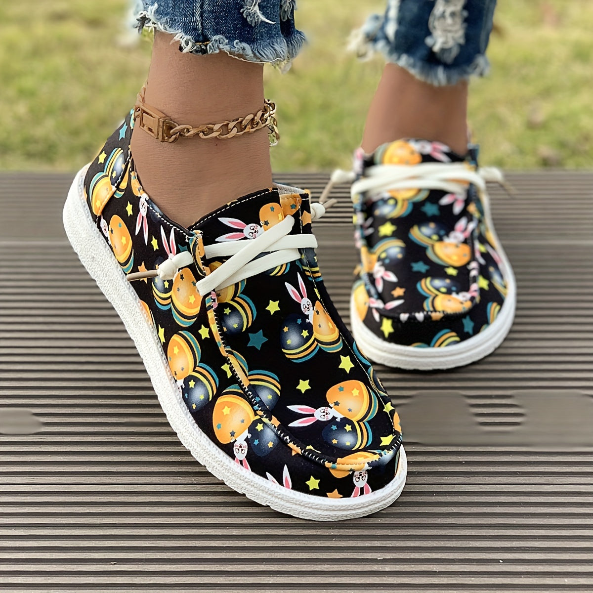Easter Rabbit Print Boat Shoes Lightweight Flats Slip On Walking Shoes