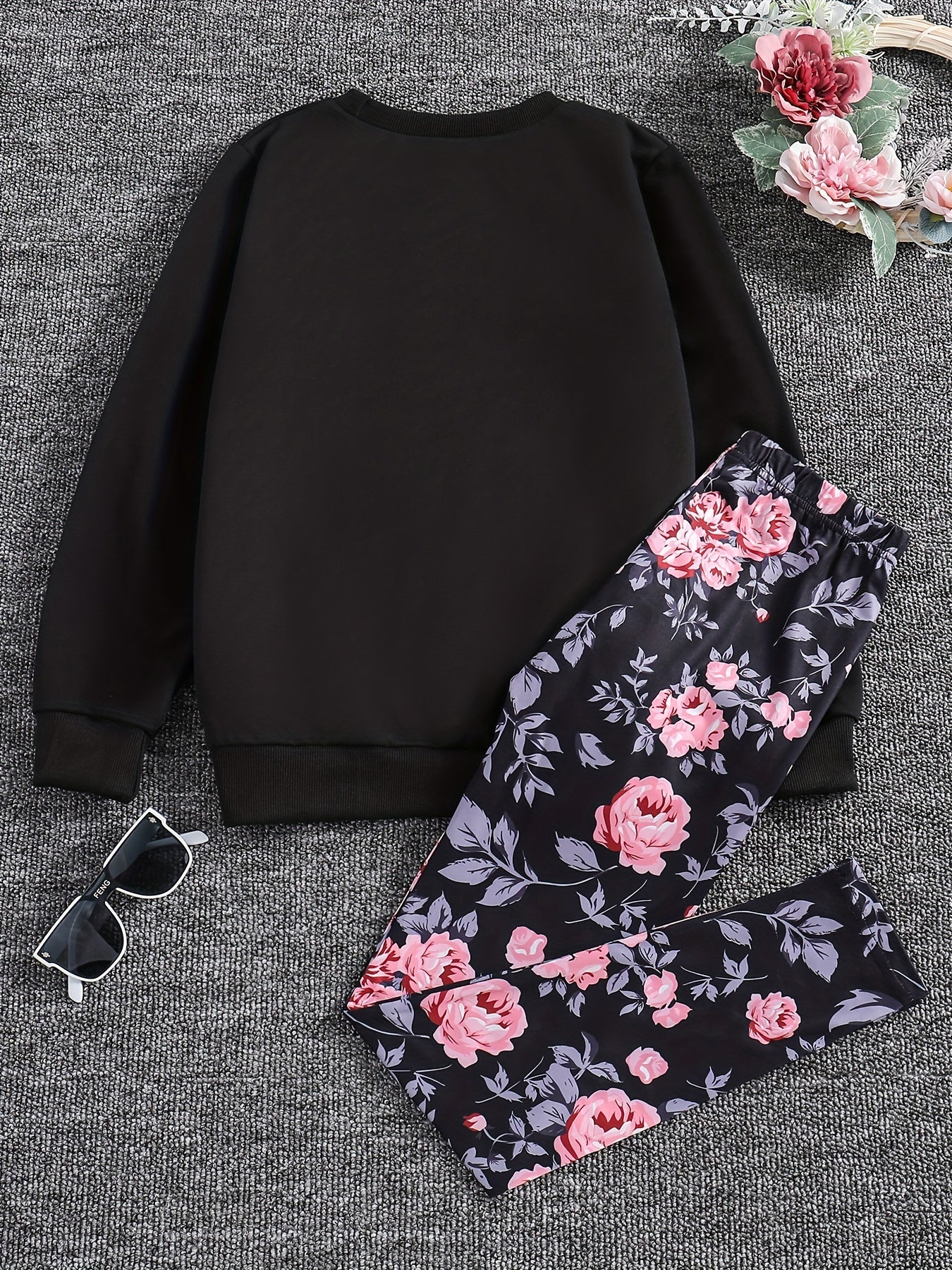 Girl's Floral Pattern 2pcs Sweatshirt & Leggings Set LITTLE PRINCESS Print