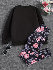 Girl's Floral Pattern 2pcs Sweatshirt & Leggings Set LITTLE PRINCESS Print