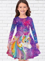 Girls Unicorn Print Long Sleeve Dress For Party Kids Clothes