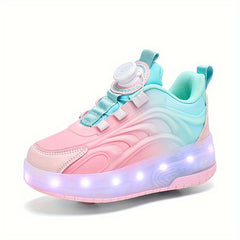 Girl's LED Roller Shoes w/ Rotating Buckle Detachable Wheels Skate Sneakers
