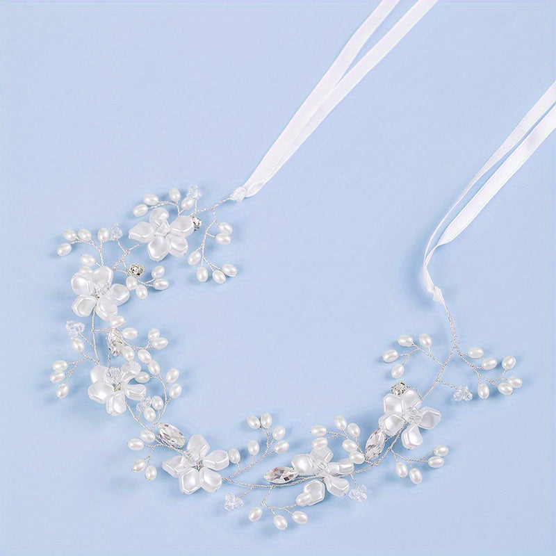 Pearl Bridal Headpiece Crystal Wedding Headband With Ribbon