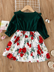 Floral Button Bow Ruffle Trim Princess Dress for Spring