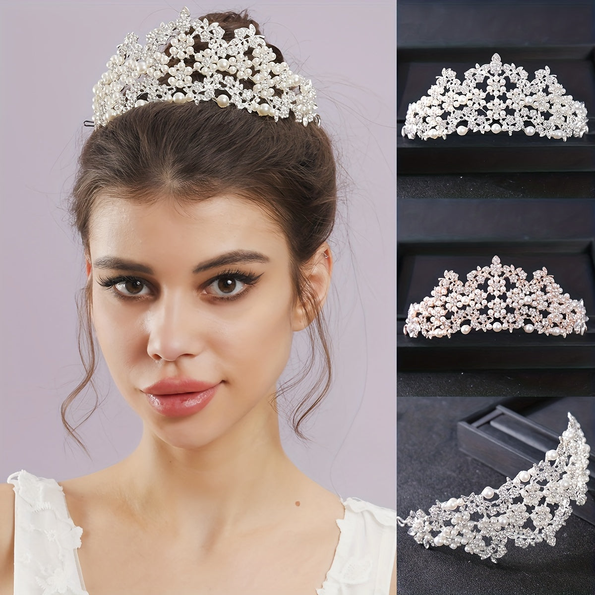 Faux Pearl Rhinestone Crown Hairband Wedding Favor Decorations