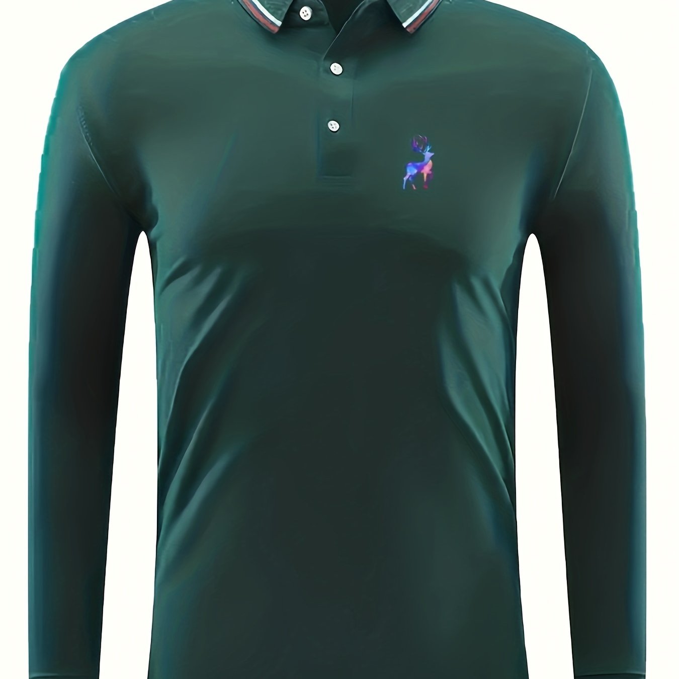 Men's Deer Print Polo Shirt Casual Stretch Button Up Long Sleeve Shirt