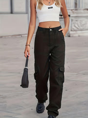 Loose Fit Cargo Denim Pants Mid Waist Straight Legs Denim Pants