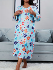 Nightdress Women's Plus Floral Print Long Sleeve Tie Neck High Stretch