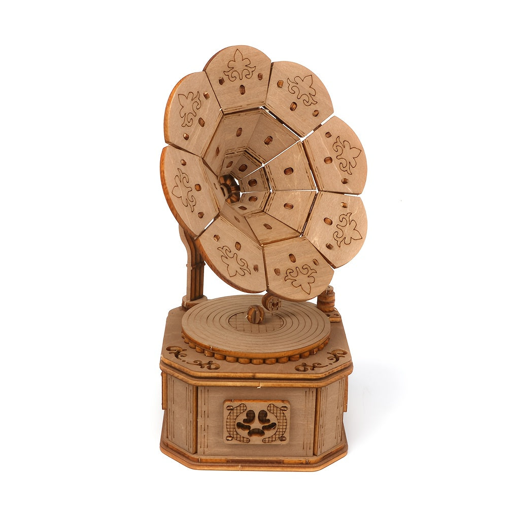 3D Wooden Puzzle Phonograph Music Box DIY Toy Desktop Decoration Or...