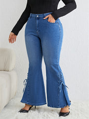 Women's Washed Button Fly Lace Up Flared Leg Jeans