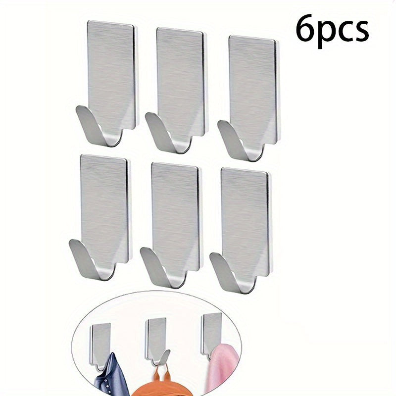 6pcs Adhesive SS Towel Hooks Family Robe Hanging Hats Bag Key Wall Hooks