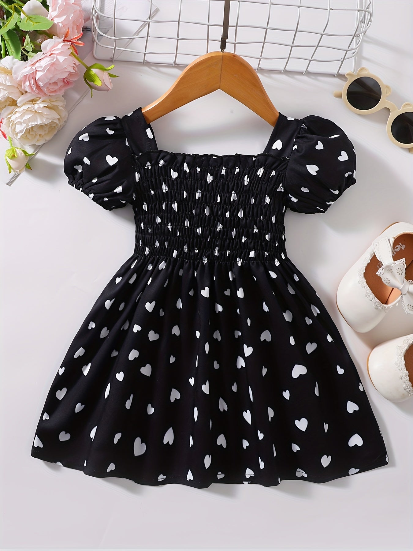 Newborn Princess Party Dress Sweet Heart Print Puff Sleeves Square Neck